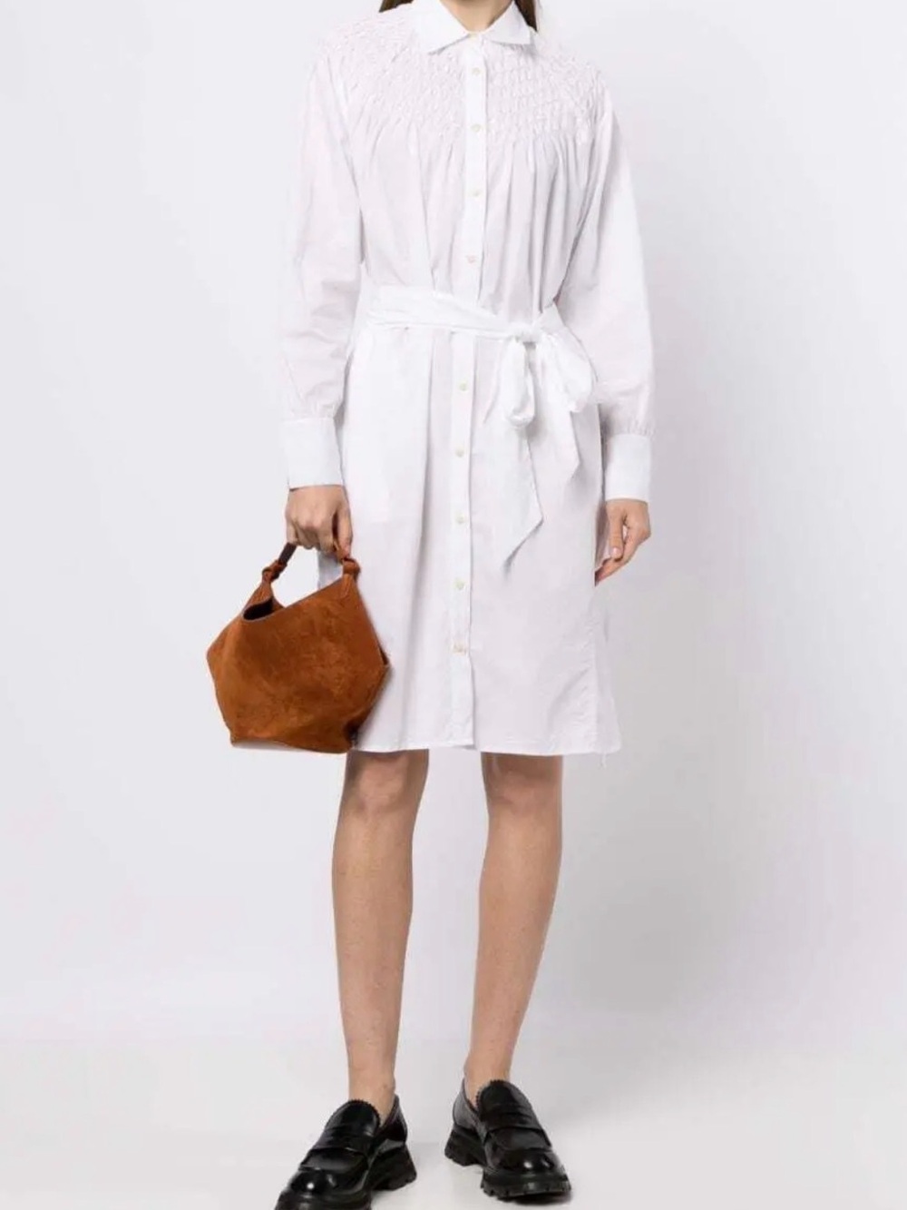 Merlette Crescent White Button-Front Shirt Dress with Waist Tie